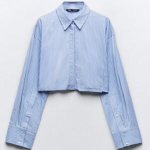 ZARA Cropped Blue White Stripe Button Down Shirt Size S